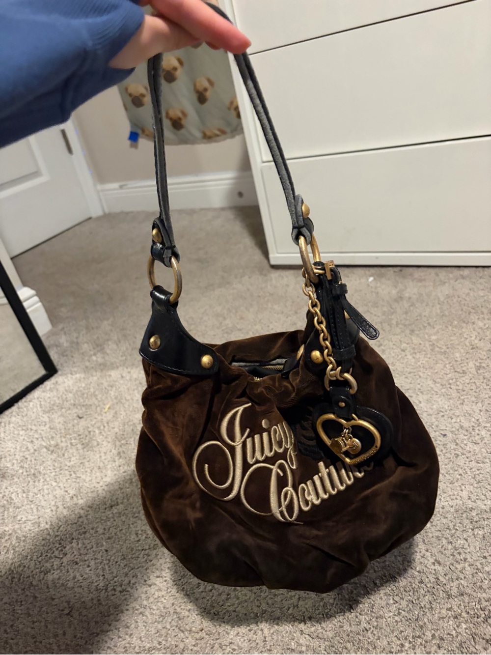 Juicy Couture Brown Velvet Shoulder Bag with Black Straps and Gold Hardware